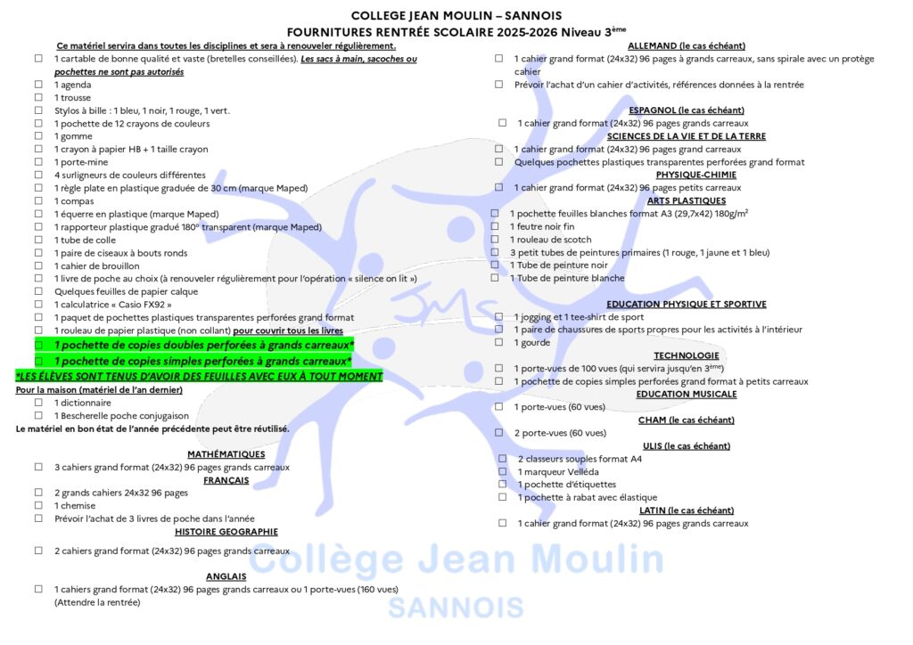 liste de fournitures 3eme