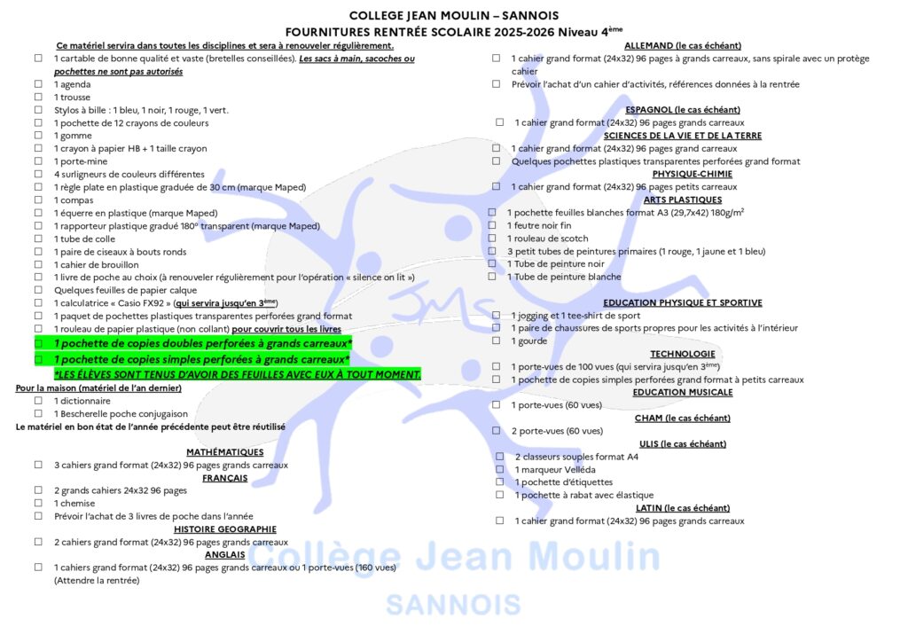 liste de fournitures 4eme
