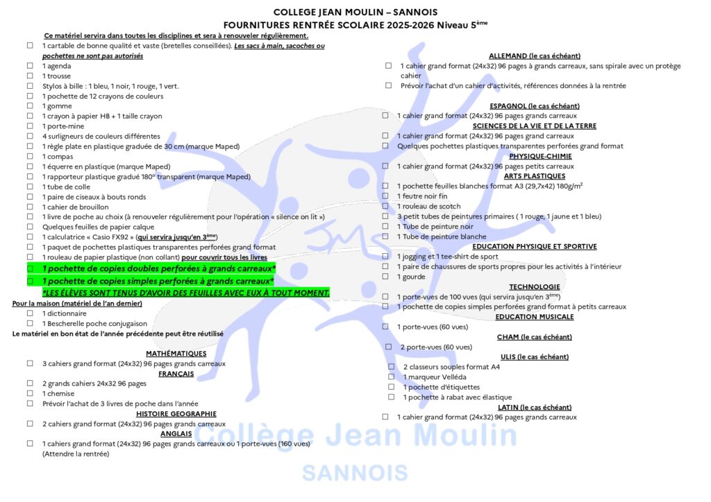 liste de fournitures 5eme