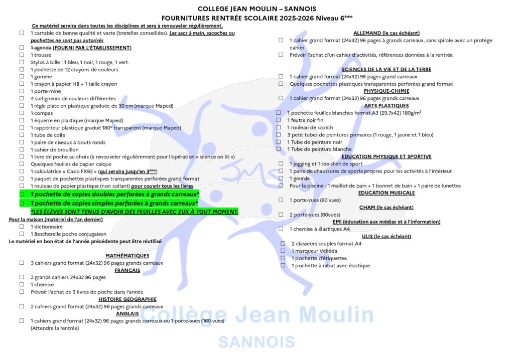 LISTE FOURNITURE 6EME
